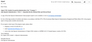 Treść maila przesłanego przez KPMG do klientów Alpari UK
