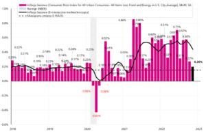 W.12 Miesięczne zmiany inflacji bazowej w USA i symulacja jej spadku przy różnych miesięcznych zmianach.